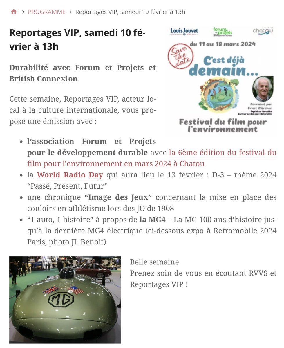 pressadom's tweet photo. News #Radio #ReportagesVIP ce samedi 10/2/24 13-14h émission avec Forum et Projets pour le #développementdurable, la 6e édition du #festivaldufilmpourlenvironnement de #Chatou, la #WorldRadioDay chroniques “Image des Jeux” concernant les couloirs en #athlétisme JO de 1908. https://t.co/JDWjfduokH