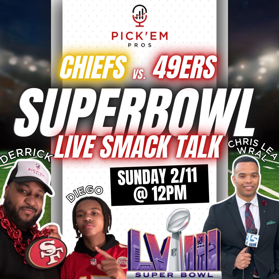 Join us along with Chris Lea from @wral to preview the Super Bowl Live on Sunday at 12pm 💥 youtube.com/live/3vShPZw3h…

@chrisleatv #NFL #NFLpodcast #NFLPicks #Chiefs #ChiefsKingdom #49ers #FTTB #sportstalk #sportspodcast #pickempros