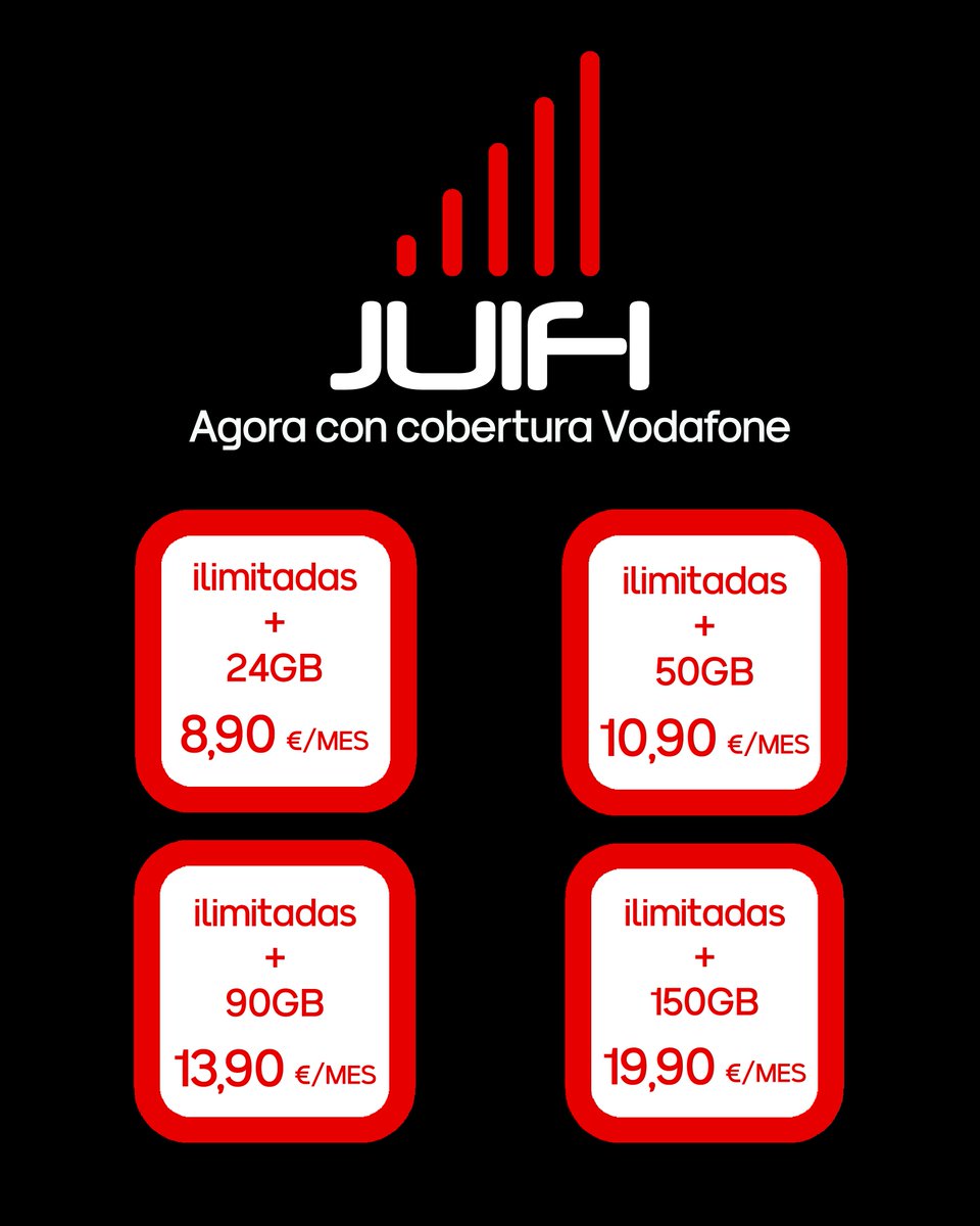 JUIFIgal's tweet photo. Y para finalizar..., nuestras tarifas de color rojo 🔴
Tarifas con cobertura Vodafone para que vivas donde vivas, siempre haya alguna tarifa JUIFI que se ajuste a ti. https://t.co/u0gFCym0CJ