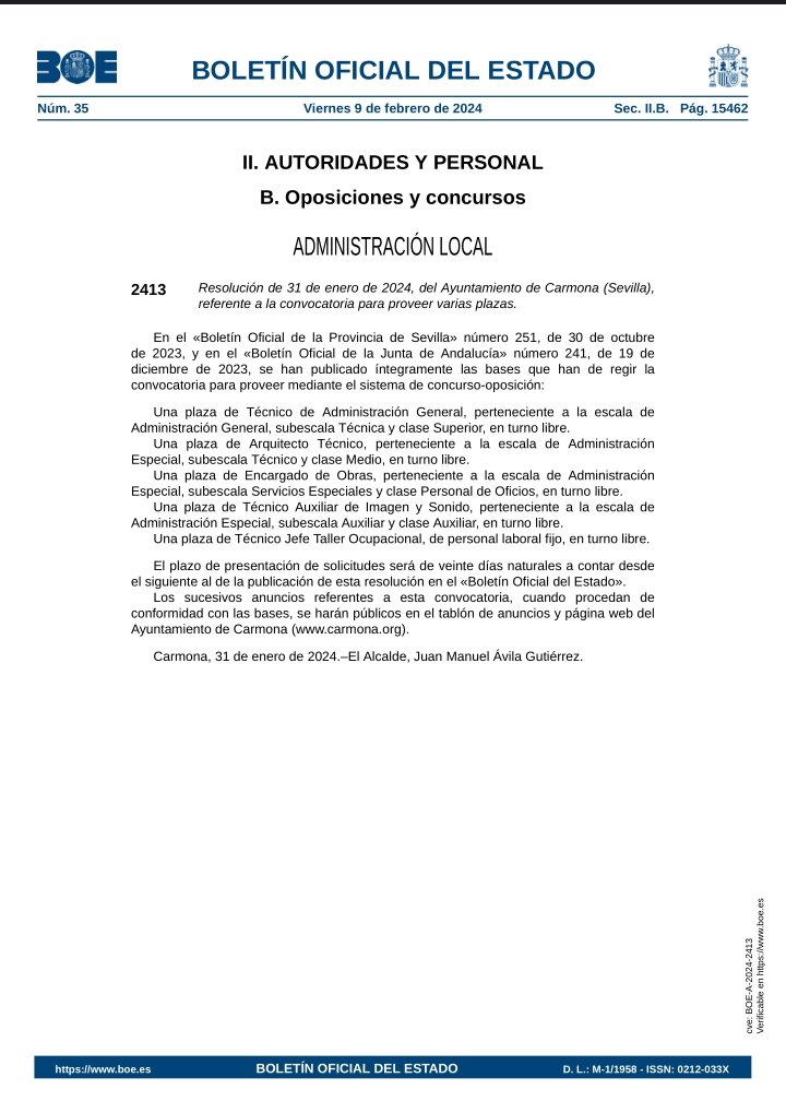 psoecarmona's tweet photo. Información de interés: convocatoria para proveer varias plazas en Ayuntamiento de Carmona
#Carmona
#Empleo
#PSOE https://t.co/AI1upDugXk