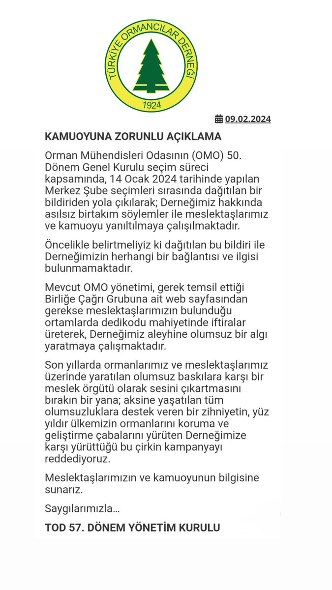 ormancilarderne's tweet photo. OMO Merkez Şube seçimleri sırasında dağıtılan bir bildiriden yola çıkarak, OMO yönetimi, asılsız iddialar ve dedikodu üreterek Derneğimiz hakkında yanıltıcı bilgiler yayınlamıştır, ancak dağıtılan bildiri ile herhangi bir bağlantımız bulunmamaktadır.
KAMUOYUNA SAYGIYLA DUYURULUR. https://t.co/3oLJdNrLBv