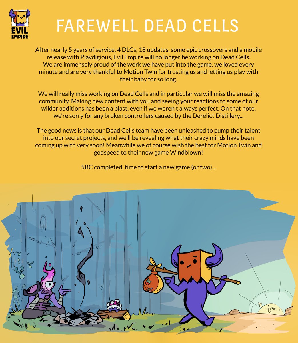 Studio_Evil's tweet photo. After 5 years of service, we're hanging up the Dead Cells coat. We're extremely proud of our work on countless updates &amp; DLC, but now it's time for something shiny and new, or maybe more than one thing 😏 More on that very soon... 
Read our full statement below👇 #deadcells https://t.co/RAz8OL1SCC