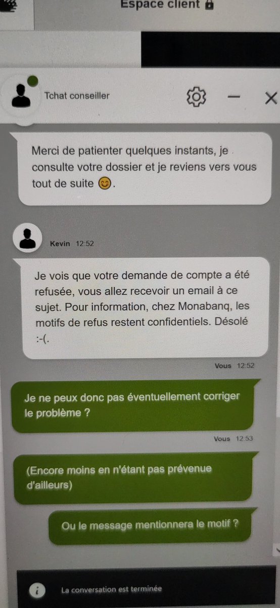 AliceTuitte's tweet photo. Bon ben @monabanq ce sera sans moi : demande d'ouverture de compte traitée sans que je ne reçoive jamais de nouvelles, même en en demandant à deux reprise par mail. Et par chat ça a donné l'équivalent d'un raccrochage au nez, sympa.
#monabanq https://t.co/tEhAxaopqy