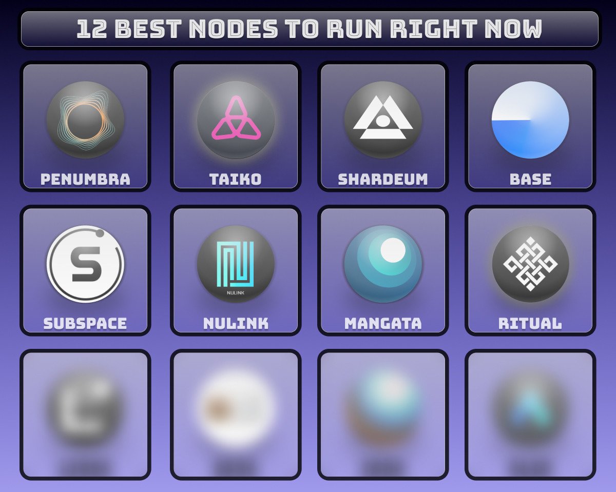 12 NODES WITH POTENTIAL AIRDROP U CAN'T MISS + GUIDES:

<a href="/ritualnet/">Ritual</a> | $RITUAL
<a href="/NuLink_/">NuLink</a> | $NULINK
<a href="/NetworkSubspace/">Subspace Network ➡️ Autonomys Network</a> | #SUBSPACE
<a href="/shardeum/">Shardeum</a> | $SHM
<a href="/taikoxyz/">Taiko.eth 🥁</a> | $TKO
<a href="/base/">Base</a> | $BASE
<a href="/penumbrazone/">Penumbra 🌘</a> | $PNMBR
<a href="/MangataFinance/">Andy</a> | $MNGT

4 more nodes + guides on how to run them in thread below 👇