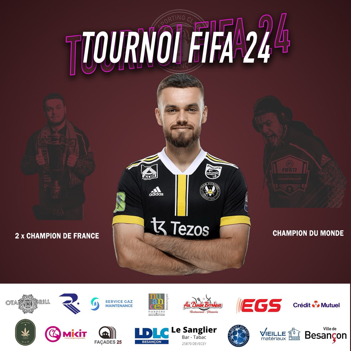 SportingClubBes's tweet photo. 🎮 TOURNOI FIFA 24 🎮

Nous avons le plaisir de vous confirmer la présence de Corentin Chevrey plus connu sous le nom de "ROCKY"  à notre 1er Tournoi FIFA en doublette, qui nous fait l'immense honneur de sa présence ! 

@Vitality_RocKy https://t.co/3EhyQTgx2j