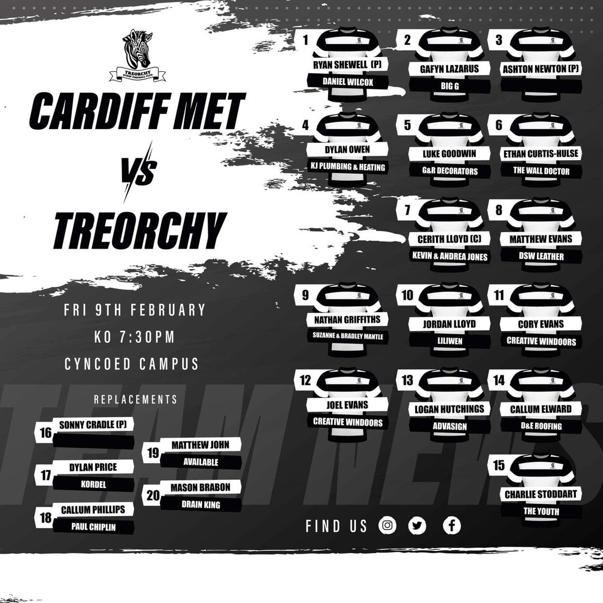 Side selected @TreorchyZebras v @CardiffMetRFC this evening. 
Would be great if you could get to Cyncoed Campus and support the boys 
Tre Tre Tre 🦓🏉👏👏