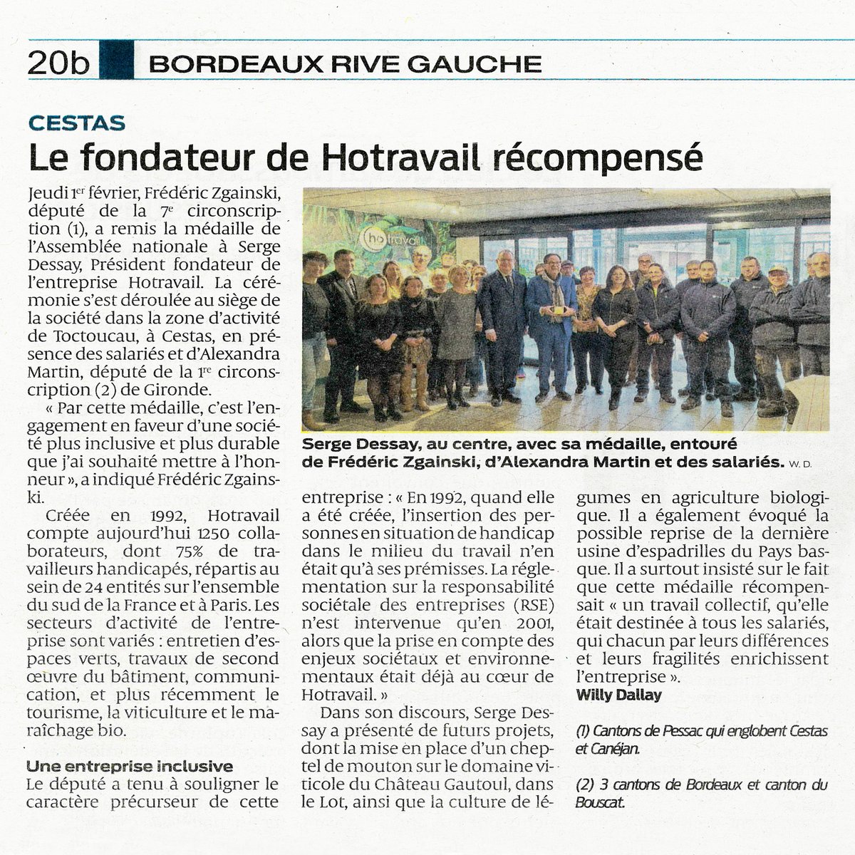 Article du @journalsudouest sur la remise de médaille de l'Assemblée Nationale à Serge Dessay.