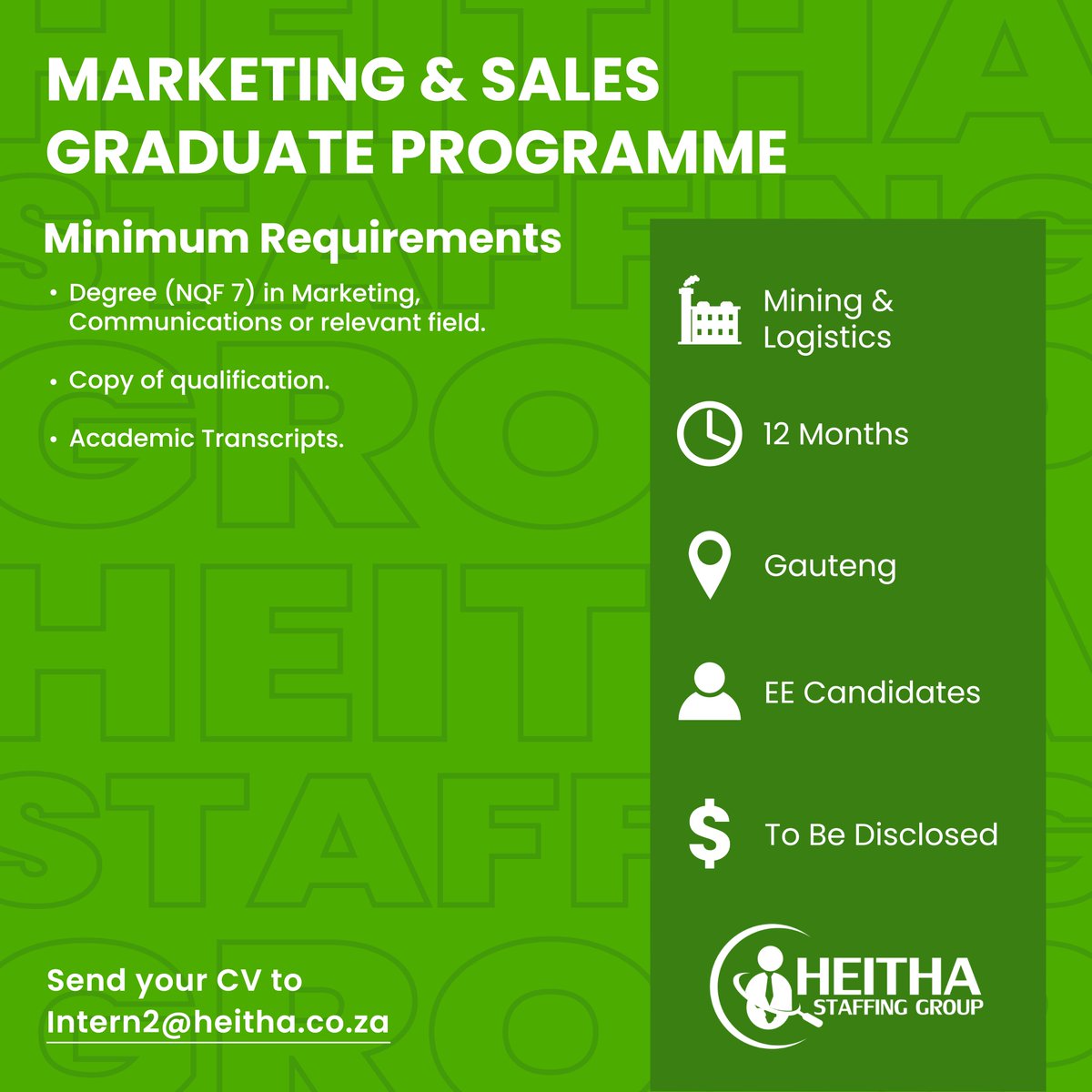 📌 MARKETING &amp; SALES GRADUATE PROGRAMME

🕛 12 Months Contract

📧 Intern2@heitha.co.za

⚠️ Job expires 15 February 2024

#Recruitment #JobSeekersSA #NowHiring #NewJobAlert #JobAdviceSA #JobSeekers