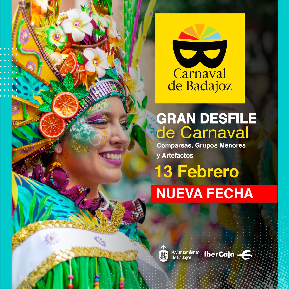 CarnavalBJZ's tweet photo. 🥁🎭  El #GranDesfile del #CarnavalDeBadajoz tendrá lugar finalmente el próximo martes 13 de febrero con el mismo recorrido.

☔ La previsión de lluvia para el domingo ha provocado el cambio de día.

ℹ️ Más información en perfiles oficiales y https://t.co/cYGovr1btL https://t.co/6mBmUxCqz2