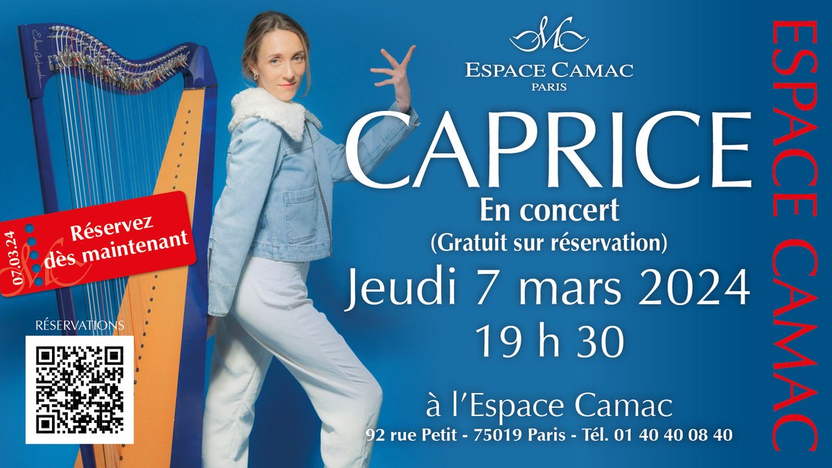 The Espace Camac is proud to welcome most original performer. 

With her natural presence and stylish approach, CAPRICE will captivate her audience with her harp, her energy and her voice and her. 

Reserve your place and head over to camac-harps.com/en/events/?sd=…