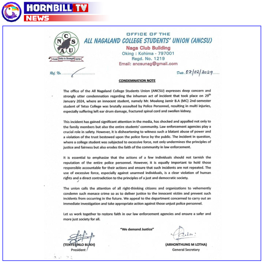 hornbilltv's tweet photo. STUDENT UNIONS CONDEMN ASSAULT OF MR. MOALONG JAMIR

#StudentUnions #unions #students #assault #condemnation #justice #InhumanAct  #Nagaland https://t.co/Y6RJOSBGB2