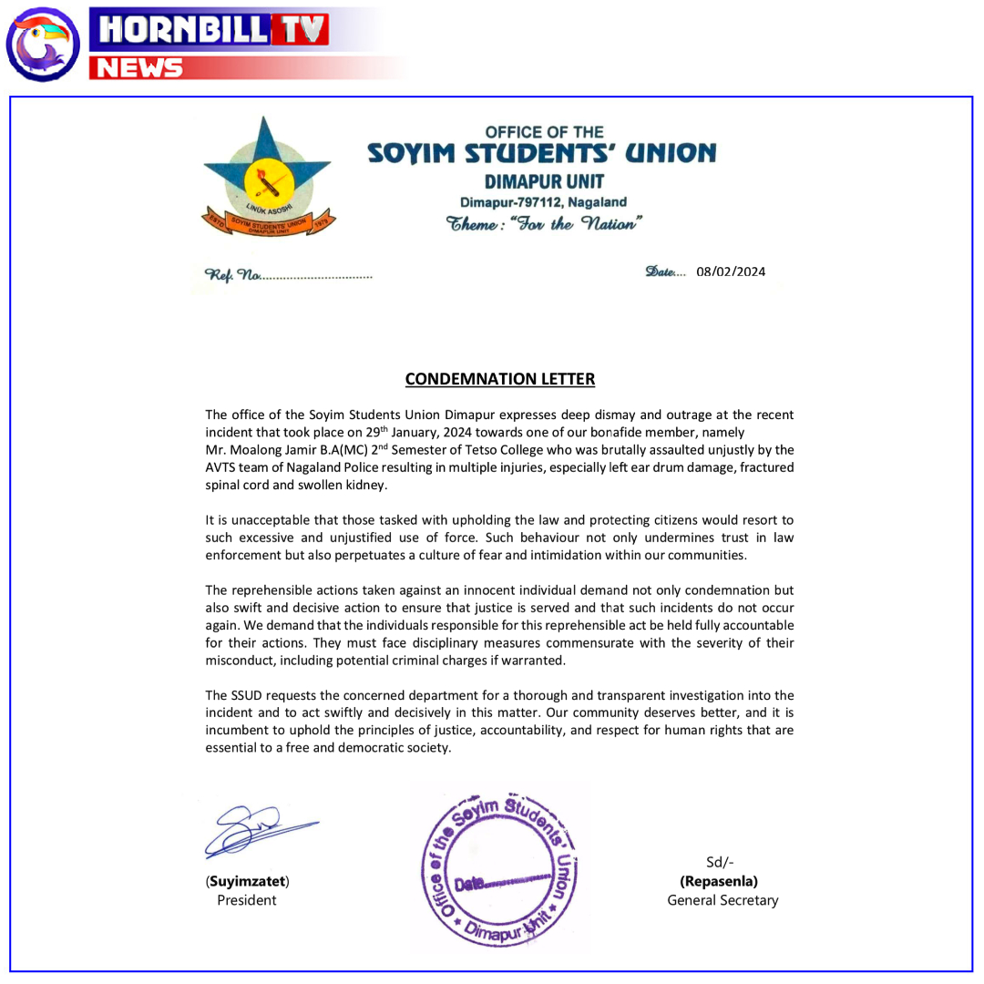 hornbilltv's tweet photo. STUDENT UNIONS CONDEMN ASSAULT OF MR. MOALONG JAMIR

#StudentUnions #unions #students #assault #condemnation #justice #InhumanAct  #Nagaland https://t.co/Y6RJOSBGB2