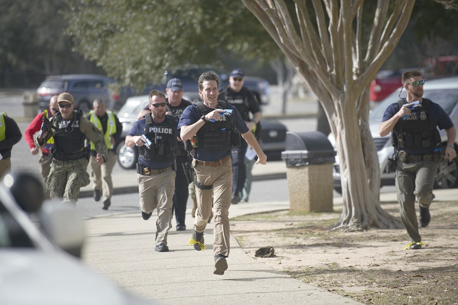 NASPCOLA's tweet photo. NAS Pensacola Navy Security Forces personnel and community law enforcement partners are participating in Exercise Solid Curtain-Citadel Shield 2024 (SCCS24) Feb. 7. #NASP #CNRSE #USNavy #ReadyNavy #NavyInstallations #SolidCurtain #CitadelShield #NavyReadiness https://t.co/fSgsEjssPG