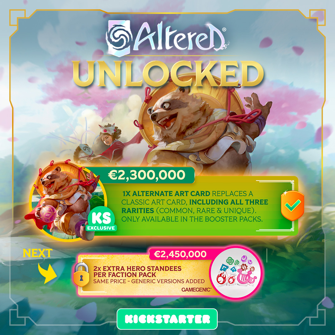 UNLOCKED!🎉✨

Discover in the boosters of the Kickstarter edition the card Tanuki in its common, rare, or unique version. Each of these versions features a unique visual, replacing the illustration from the standard edition. 

#AlteredTCG #Kickstarter