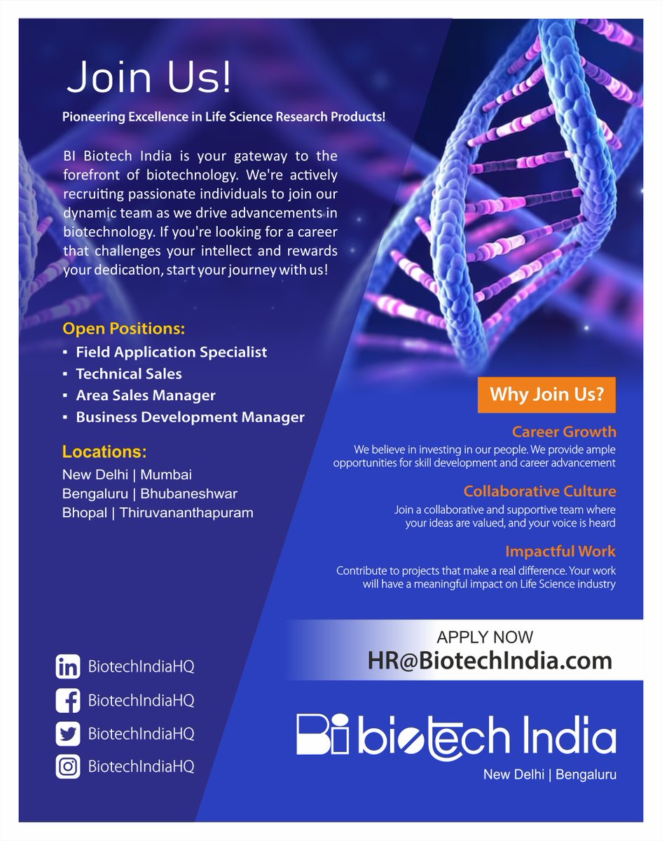 BiotechIndiaHQ's tweet image. We are looking for New Talents!

#BI #Biotechindia #BIBiotechIndia #Hiring #Openpositions #Career #Jobpost #Vacancy #Fieldapplicationspecialist #TechnicalSales #Areasalesmanager #BusinessDevelopmentManager #BDM #HR #HumanResource #NewDelhi #Mumbai #Bengaluru #Bhubaneswar #Bhopal