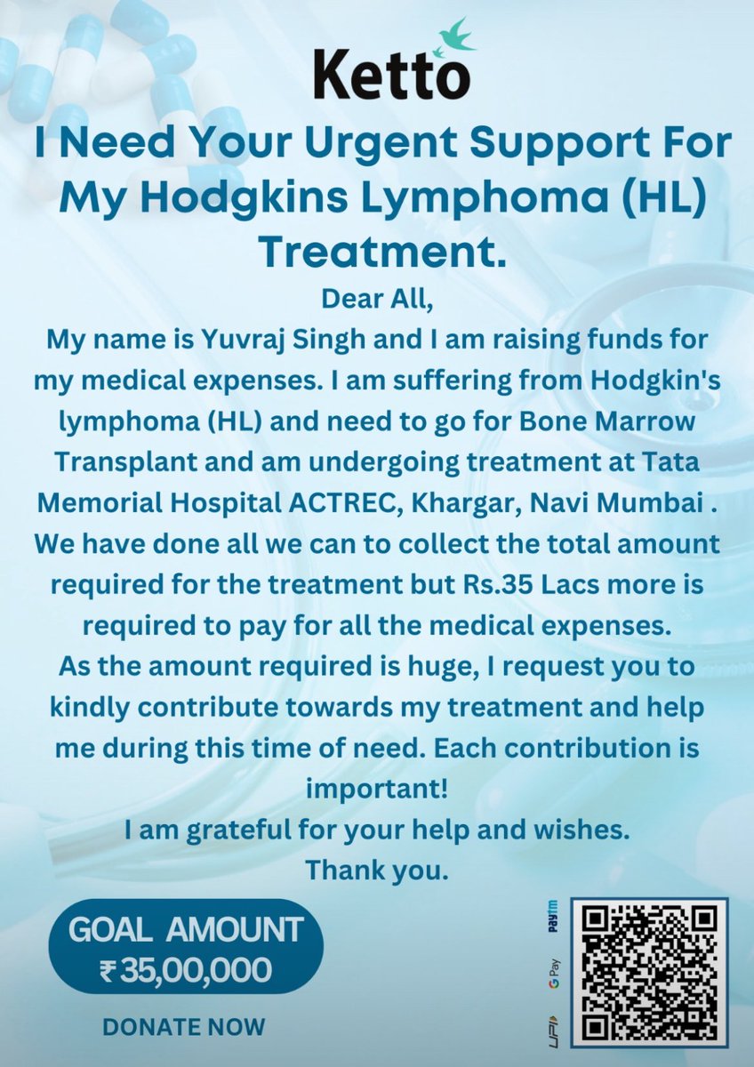 atmansingh_18's tweet photo. Join us in supporting Yuvraj Singh in his courageous battle against Hodgkin's Lymphoma. Your generous donation on https://t.co/MvCLrJKOic can light up his path to recovery. Let’s make a difference together! 💪❤️

Please share &amp; donate: https://t.co/v14yqcUeza https://t.co/B4W5tn9FJF