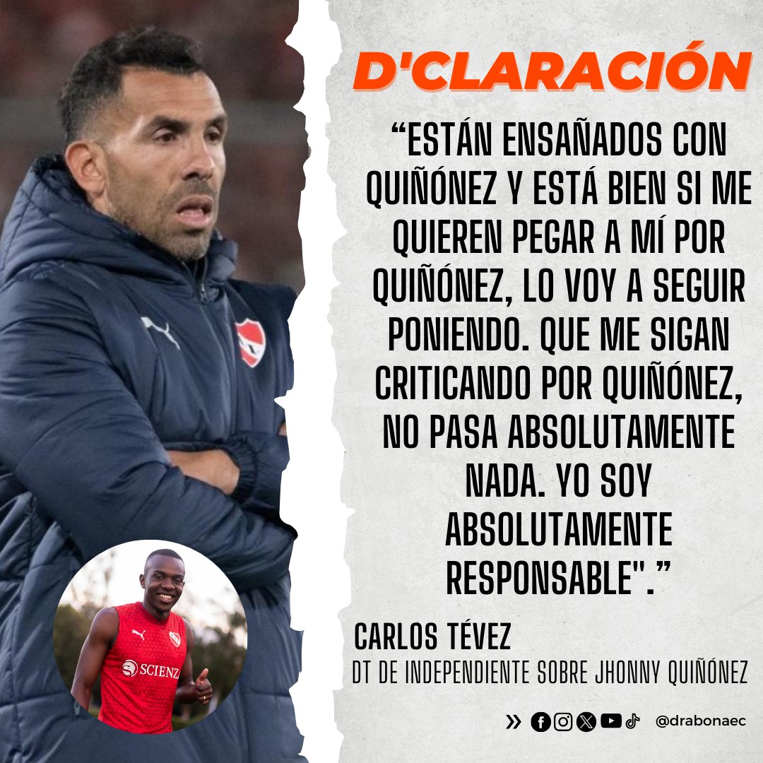 drabonaec's tweet photo. ¡𝐋𝐎 𝐃𝐄𝐅𝐈𝐄𝐍𝐃𝐄 𝐀𝐍𝐓𝐄 𝐋𝐀𝐒 𝐂𝐑Í𝐓𝐈𝐂𝐀𝐒!

Tras el empate 0-0 de ayer entre Huracán e Independiente, Carlos Tévez habló en rueda de prensa y se refirió al ecuatoriano Jhonny Quiñónez. 🗣👀

El DT argentino pidió paciencia y ratificó su confianza con el tricolor. 🇪🇨 https://t.co/k4wyJIe7Xi
