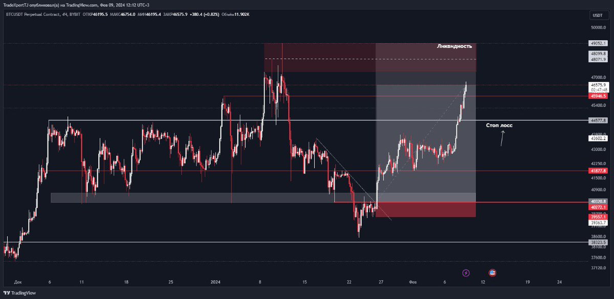 TradeXpertTJ's tweet photo. 💰 #BTC #мысли 
Биткоин показал хороший рост и на данный момент находится выше 46500. До этого я фиксировал уже 2/4 позиции и стоп у меня находится ниже 45500. Дальнейшее ожидание это сбор ликвидности в зоне 48к - 49к при таком росте у нас есть вероятность отката. https://t.co/49LDuXvee9
