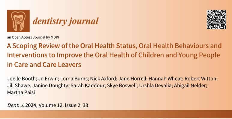 Joelle Booth (@joellebooth3) on Twitter photo Part two of our global scoping review supported by Borrow Foundation showcasing the oral health needs of children and young people in care and care leavers has been published and is available open access.
<a href="/DentistryJ/">Dentistry Journal MDPI</a>
mdpi.com/2304-6767/12/2… Part two of our global scoping review supported by Borrow Foundation showcasing the oral health needs of children and young people in care and care leavers has been published and is available open access.
<a href="/DentistryJ/">Dentistry Journal MDPI</a>
mdpi.com/2304-6767/12/2…