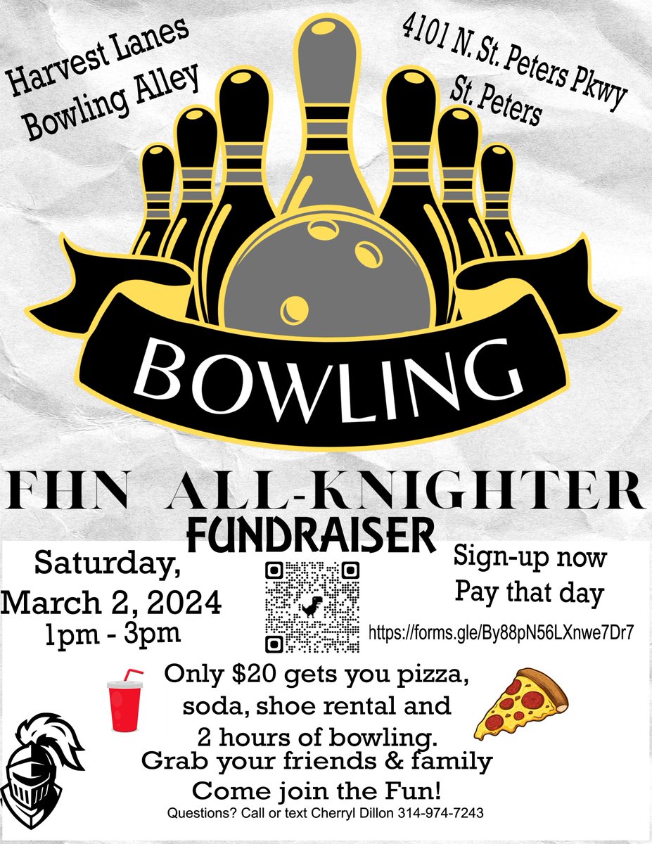 There will be a bowling fundraiser hosted to raise money for the All-Knighter on Saturday, March 2. Scan the QR code or go to forms.gle/By88pN56LXnwe7… to sign up.