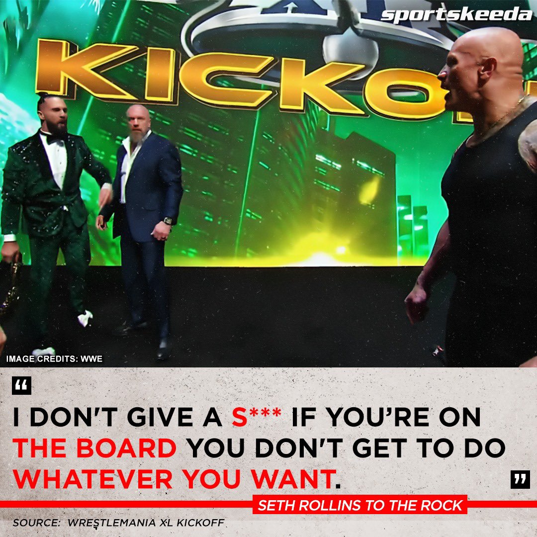 SKWrestling_'s tweet photo. #SethRollins doesn't care about #TheRock's feelings💀
#WWE #WrestleMania https://t.co/2osk9SxyYV