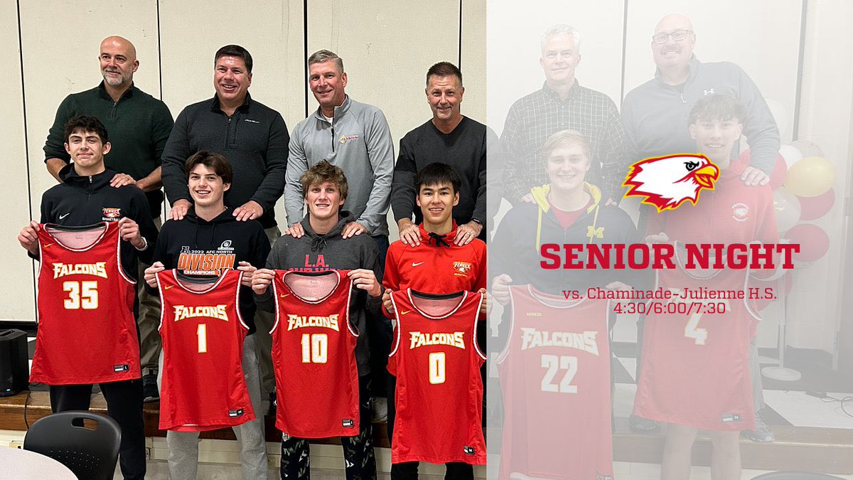 SENIOR NIGHT 🏀

The Falcons return home to recognize our 6 seniors against the <a href="/CJEaglesSports/">CJ Athletic Office</a> in a GCL Co-Ed rematch.

Congrats to Bailey, Carrson, Ryan, Shaef, Max, and Gianni!

Stream: fan.hudl.com/United-States/… 

Games at 4:30/6:00/7:30.

See you all tonight!
