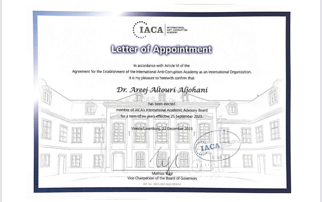 KSAEJ1's tweet photo. مجلس الأمناء بالأكاديمية الدولية لمكافحة الفساد (IACA)   انتخب د.أريج عطيه الطوري الجهني كعضو في المجلس الاستشاري الأكاديمي الدولي (IAAB)  ولمدة ست سنوات.
و تعد الأكاديمية منظمة دولية تعليمية تعنى بدعم الجهود الدولية المعلوماتية بمكافحة الفساد، من خلال التدريب والبحوث المختلفة مقرها لاكسنبورغ في النمسا.

الف مبروووك د. أريج 🌟 🇸🇦😍