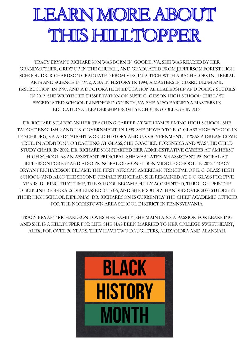 Our Friday Hilltopper Black History Month Honoree is our former Head Princial Dr. Tracy Richardson. She led ECG from 2012-2017 &amp; was the first black female principal of E.C. Glass. Thank you for your leadership, mentoring &amp; being the definition determination <a href="/ecgathletics/">E.C. Glass Athletics</a> 
💙🐏