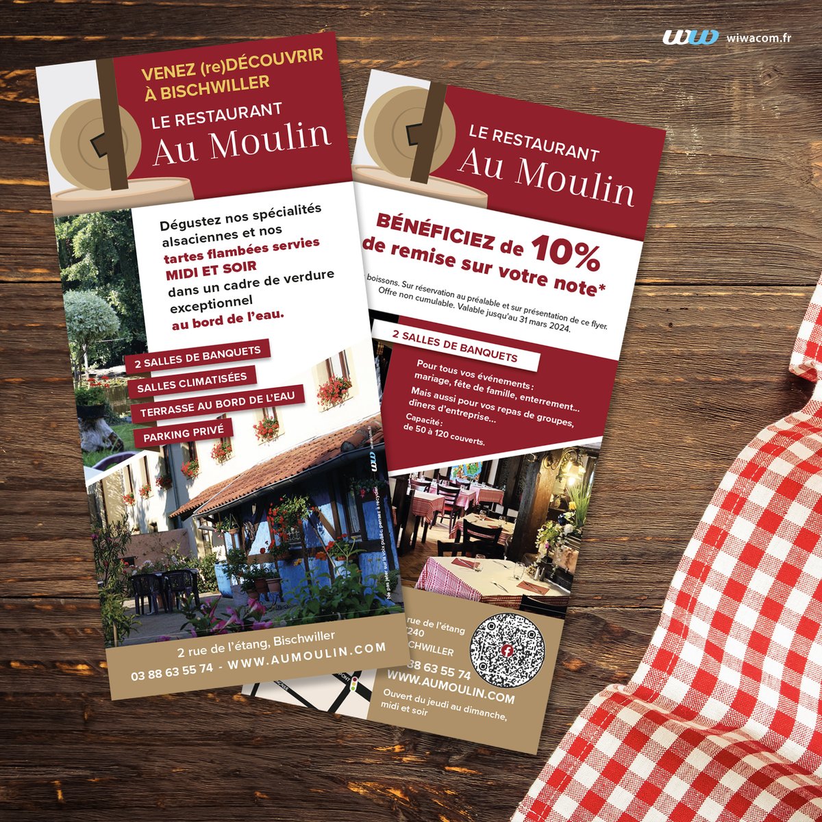 agencewiwacom's tweet photo. Une collaboration de proximité comme on les aime avec le Restaurant Au Moulin de #Bischwiller 🤝🥰
👉 Élaboration de l'identité visuelle
👉 Création des supports prints : #panneau, #cartedevisite et #flyer https://t.co/aUhZVl1Qht