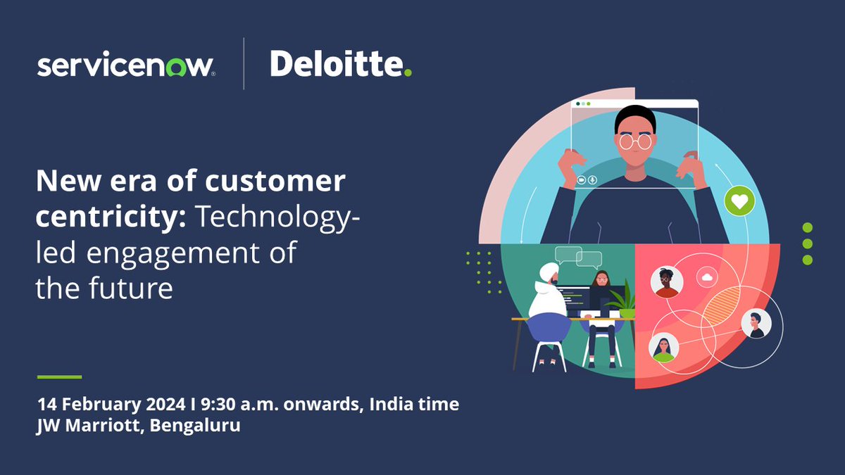 DeloitteIndia's tweet photo. Deloitte India, in collaboration with @ServiceNow, is hosting a #customerexperience event to discuss the "New era of customer centricity: Technology-led engagement of the future."

Learn more: https://t.co/crpSr0FXaO

#DigitalTransformation #Technology #CX https://t.co/GRS1IHsdJY