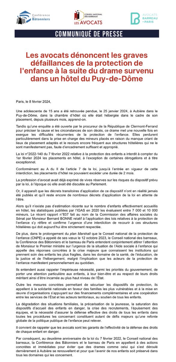 [COMMUNIQUÉ DE PRESSE]
La <a href="/Conf_Batonniers/">ConférenceBâtonniers</a> dénonce, avec <a href="/CNBarreaux/">Conseil national des barreaux - les avocats</a> et <a href="/Avocats_Paris/">Avocats de Paris</a>, les graves défaillances de la protection de l’enfance ! Le décès de Lily dans le Puy-de-Dômes est un acte grave, qui appelle au respect du droit des mineurs