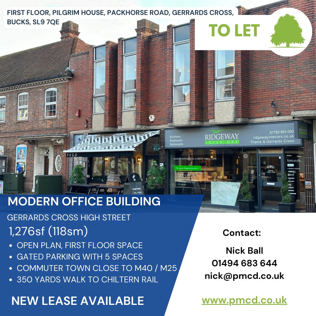 New instruction! #OfficeToLet in the heart of #GerrardsCross town centre. This 1276sq.ft. first floor, open plan office offers gated parking and is
conveniently surrounded by specialist shops and restaurants. pmcd.co.uk