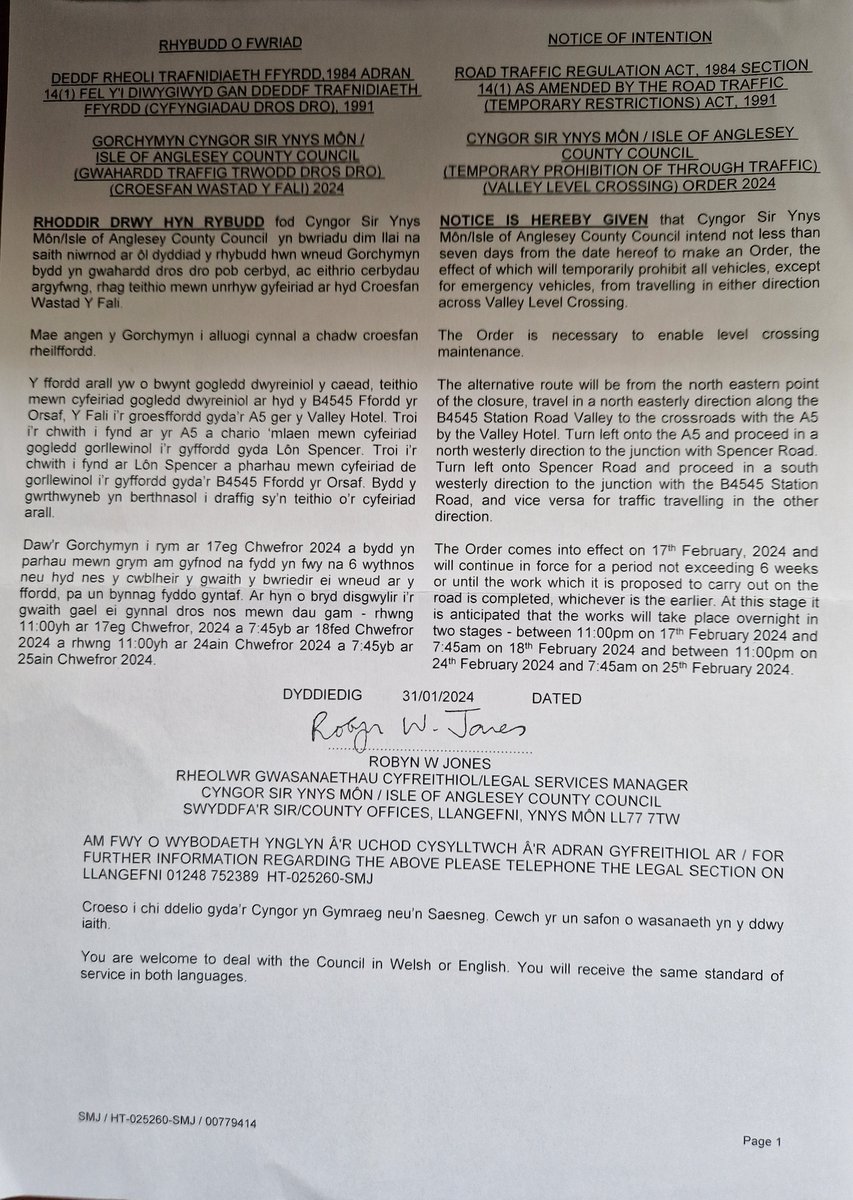 ValleyCommunit1's tweet image. Gorchymyn Cyngor Sir Ynys Môn (Gwahardd Traffig Dros Dro) (Croesfan Wastad Y Fali) 2024
Isle of Anglesey County Council (Temporary Prohibition of Through Traffic) (Valley Level Crossing) Order 2024