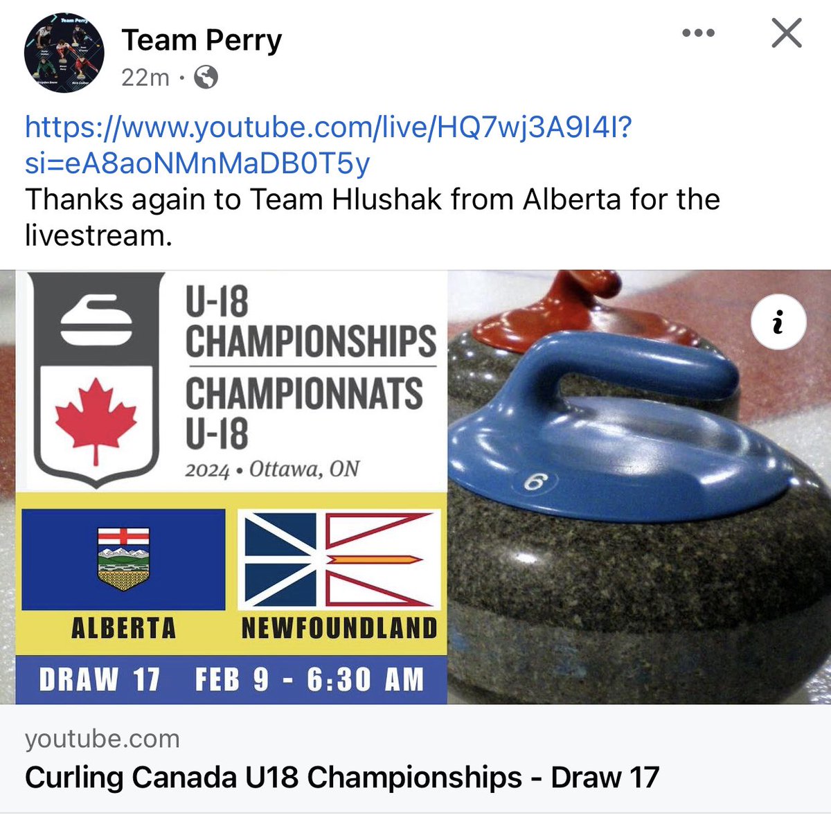 From Team Perry:

youtube.com/live/HQ7wj3A9I…
Thanks again to Team Hlushak from Alberta for the livestream.
