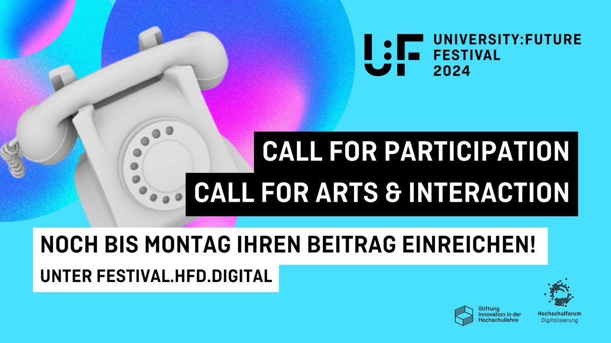 Noch bis Montag können Sie Ihre “Tales of Tomorrow” für das #UFFestival 2024 einreichen. Im Call for Participation & dem Call for Arts & Interaction suchen wir zukunftsgewandte Blickwinkel & vielfältige Formate. Jetzt bewerben! festival.hfd.digital/de/calls2024/ #DigitalTurn @inno_lehre