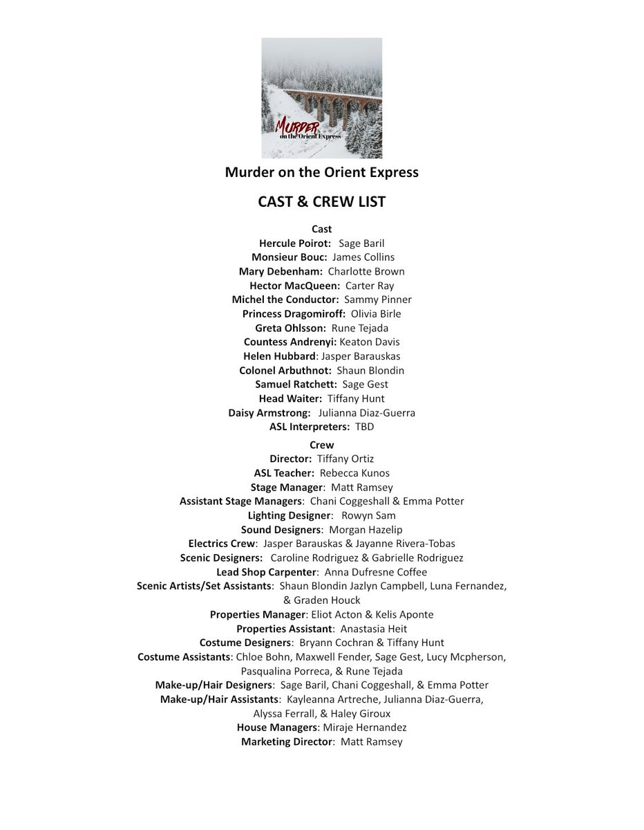 Congratulations to the Cast and Crew of our Spring production of “Murder on the Orient Express”!!! Break legs everyone!💙🤍
