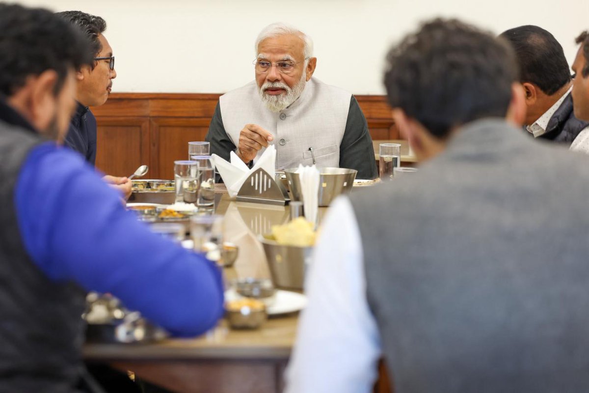 SPhangnon's tweet photo. A memorable surprise! 
Warm, committed, visionary, down to earth and rooted in humility PM Shri @narendramodi Ji. The unexpected invite from PMO and Hon’ble PM leading us to Parliament canteen for lunch has to be my most memorable surprise till date. Warm, affable, his anecdotes, experience sharing and his sense of humour : crystal clear! Such a huge learning experience to listen to his responses as numerous queries and comments were fielded by us all. 
The friendly banter, delicious lunch in the warm atmosphere of a committed nation builder will forever be etched in my memory. Thank you, PM Modi Ji.
#MyPMMyPride