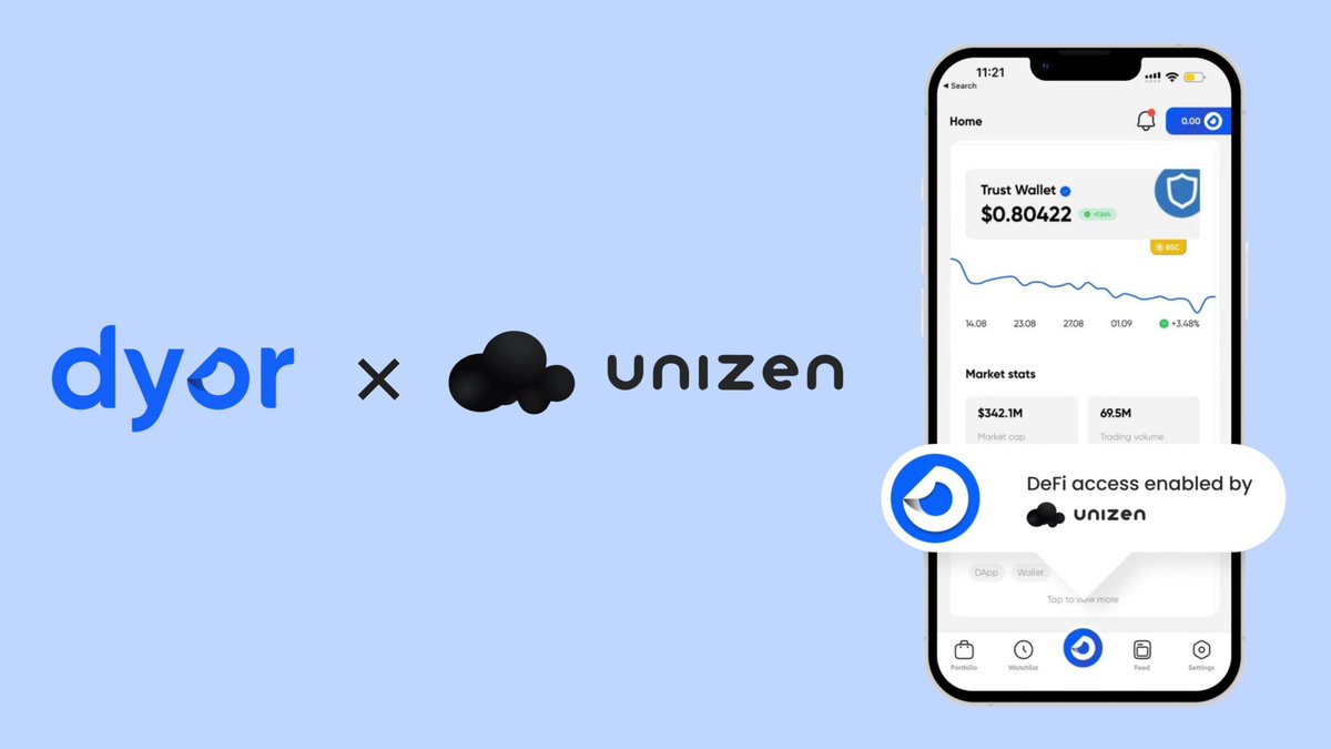 Announcing our Strategic SDK Integration Partnership😊

Dyor 🤝 <a href="/unizen_io/">unizen</a>

Happy to have Unizen onboard enabling DeFi access for our users in the Dyor app📲