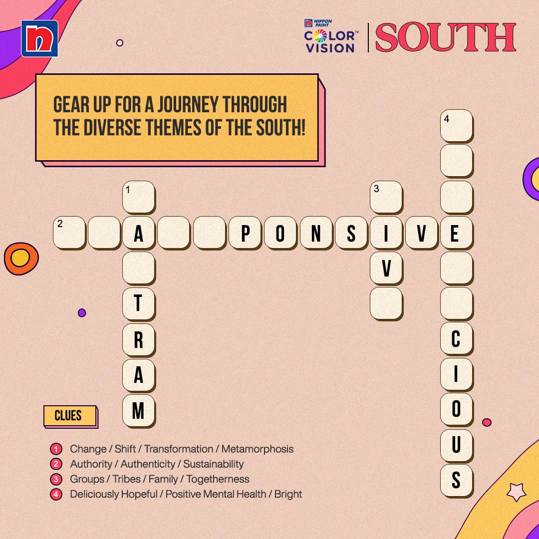 NipponIndia's tweet photo. Guess and solve the crossword to unravel the rich tapestry of themes from the South! Color Vision 2024's vibrant palette is about embracing South and staying in tune with current trends. Keep an eye out for the big reveal.
#ColorVision2024 #NipponPaintIndia https://t.co/459YAVXNmN