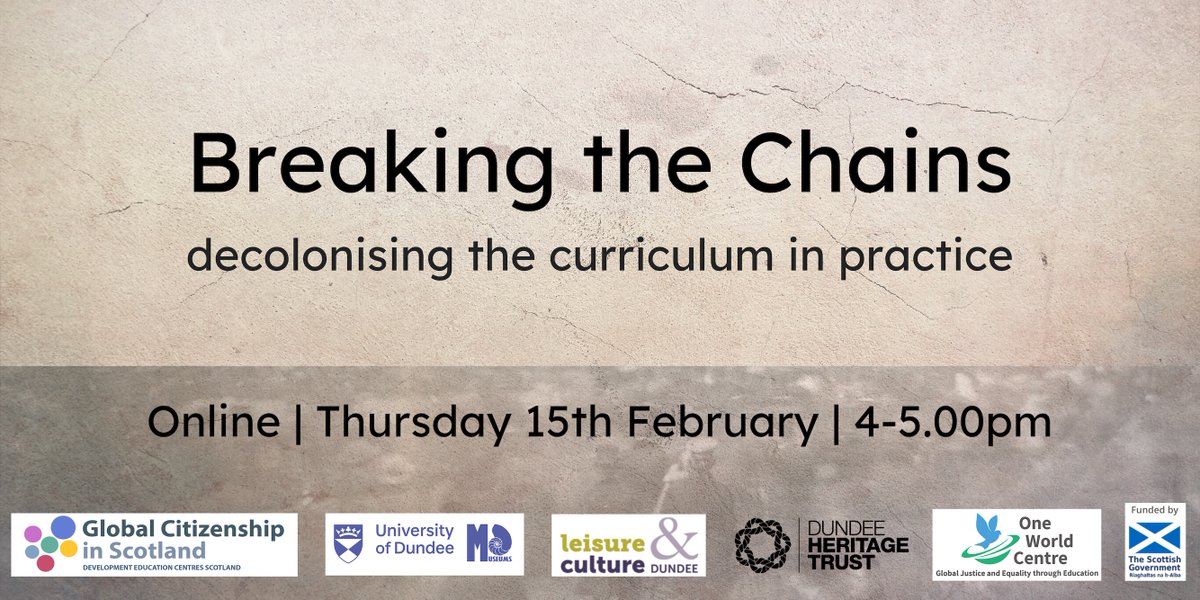 1worldcentre's tweet photo. This coming Thursday we're using Dundee's history as a context for exploring what #decolonising the curriculum means &amp; what it looks like in practice

Sign-up &amp; find out more here: https://t.co/Pw85u7t3tl

#ThisIsLfS #Dundee #Edublether @dundeeuni @LACDundee https://t.co/sgwhUQlP4T
