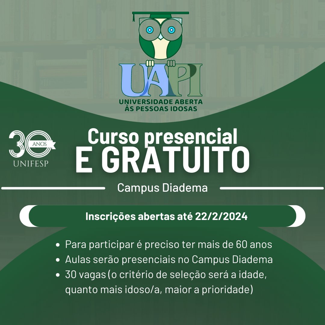 unifesp's tweet photo. 📝 Inscrições abertas para o curso gratuito da Universidade Aberta às Pessoas Idosas (UAPI).
Informações pelo link https://t.co/rbLpwzU7KP.
#Unifesp #SomosUnifesp #UnifespDiadema #UAPI https://t.co/3rVYgW7qIF