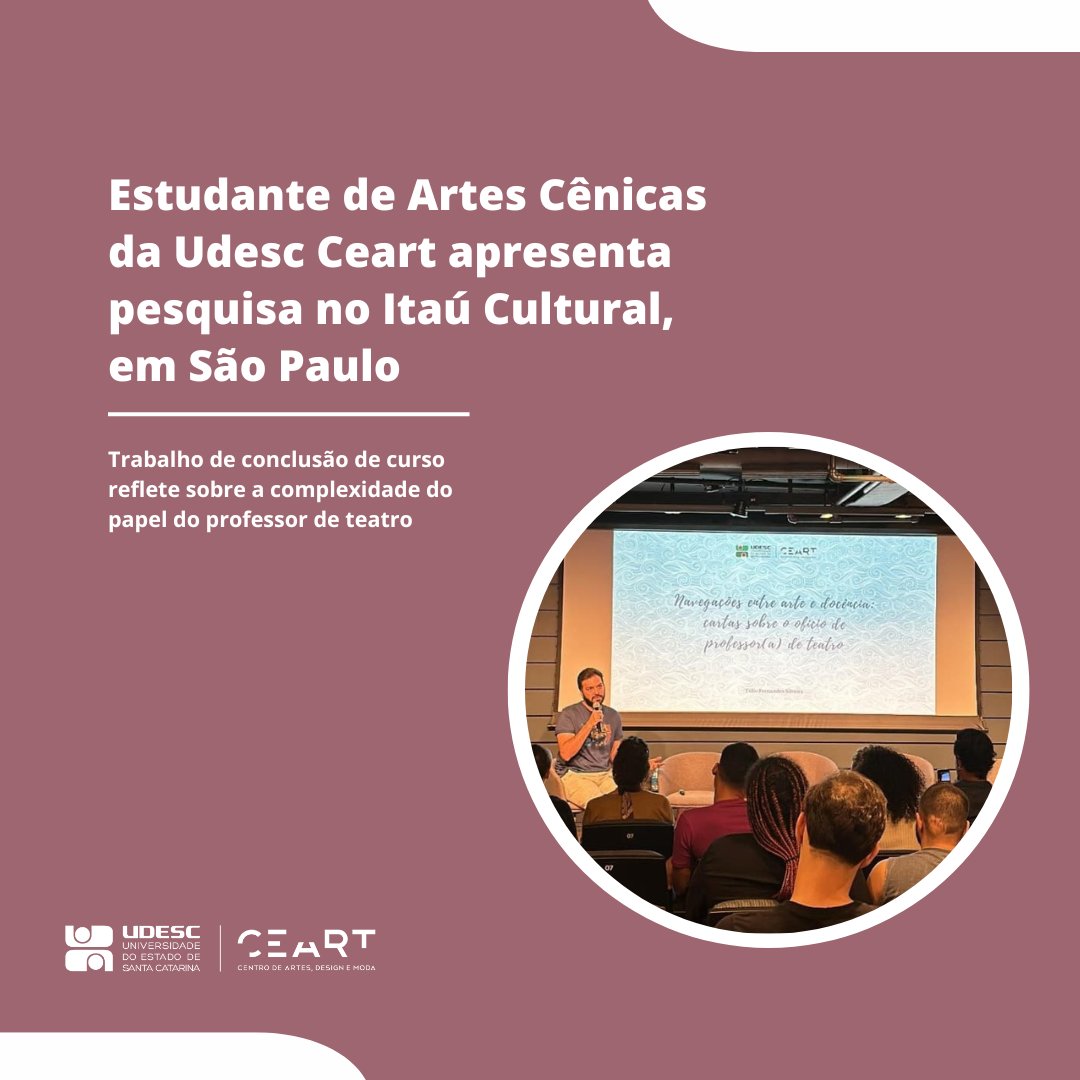 udesc_ceart's tweet photo. Destaque na cena teatral! 🎭 Túlio Fernandes Silveira, estudante da Udesc Ceart, apresentou seu trabalho de conclusão de curso na 6ª edição do evento “a_ponte – cena do teatro universitário” no Itaú Cultural, em São Paulo, em janeiro. Saiba mais em https://t.co/B1ZqRbZ3ns https://t.co/XFZ9dsLY3s