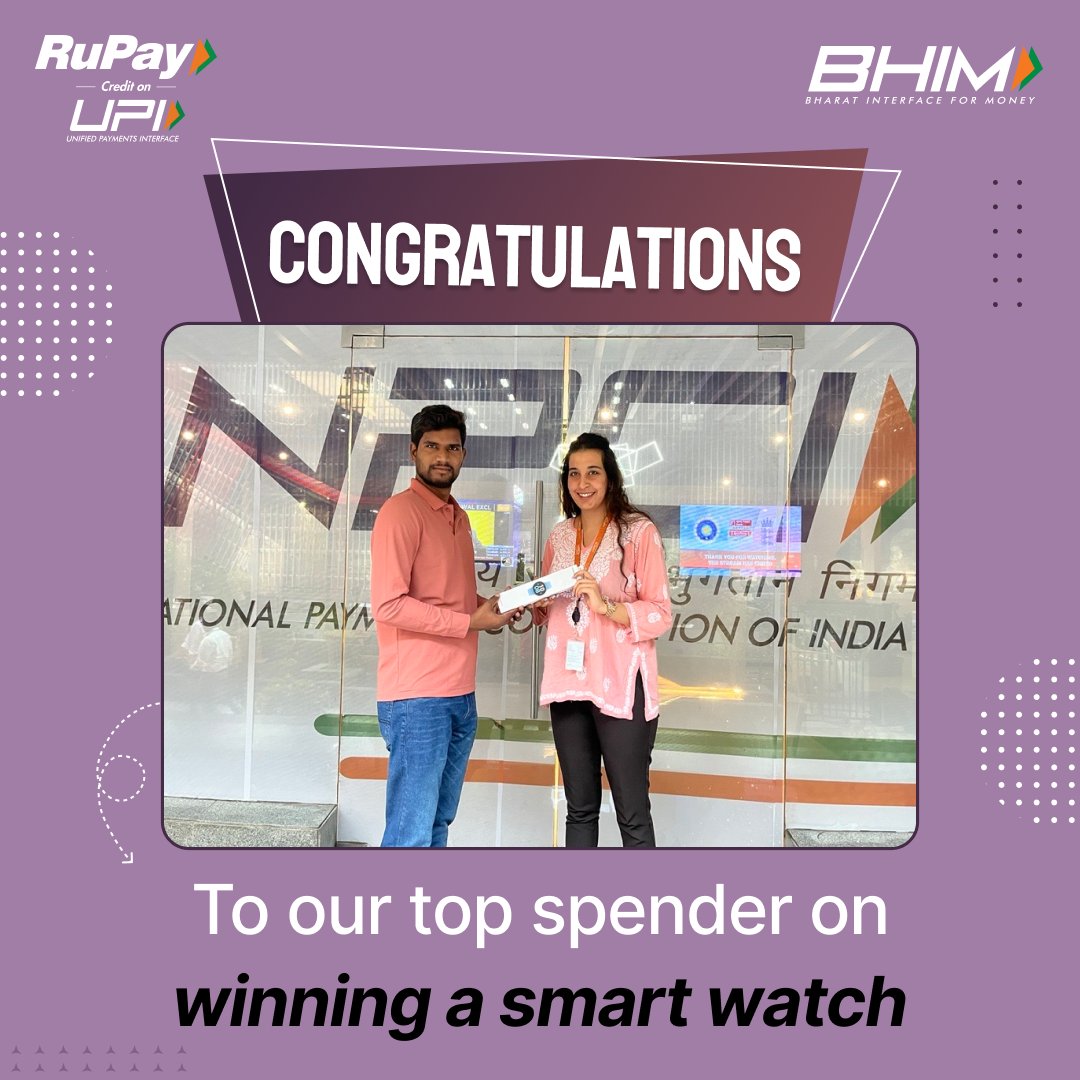 Congratulations to our top spender! Your strong spending game just earned you a smart watch. Start scanning your RuPay Credit Card on UPI via BHIM App for huge savings! #UPI #payments #digitalpayments #upichalega #rupaycreditcard #rupay #transaction #digitaltransactions #BHIM