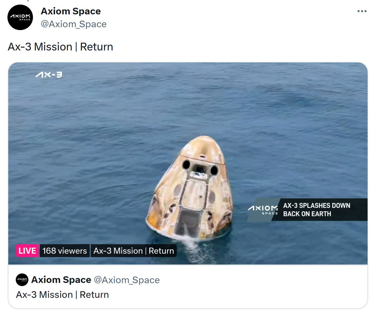 Congrats to @Axiom_Space on a successful re-entry today from all of us at HUGE if True!
