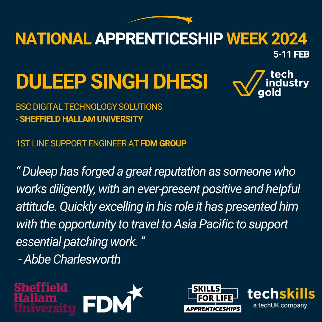 Congratulations to Duleep Singh Dhesi, studying at Sheffield Hallam University and working as 1st Line Support Engineer at FDM Group. Nominated by Abbe Charlesworth for excelling in your role and earning the opportunity to travel to the Asia Pacific to support essential work!