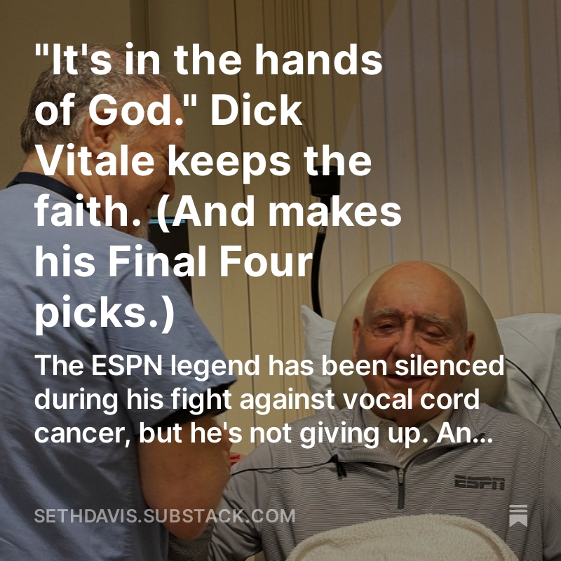 Now at Seth Davis Writes Again, an exclusive interview with @DickieV about his fight to recover from vocal cord cancer. Please subscribe and read by clicking on the link in my bio or the reply below.