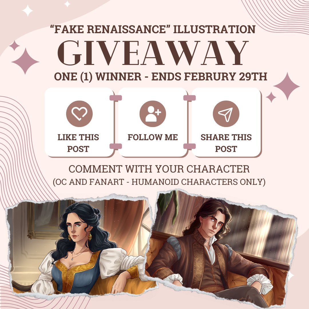 🌟'Fake Renaissance' 🌟
Illustration Giveaway!
1. Follow
2. Like and RT this post
3. Comment with your character.
(Fanart, fancharacters and OCs - humanoid characters only!)

💛One (1) winner. 
🗓️Ends: February 29th
Thanks for your support!🙇‍♀️ 
Good luck!🍀