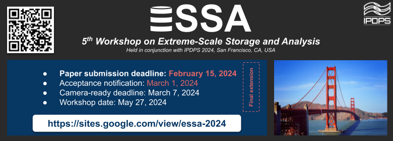 F_Tessier's tweet photo. 📢 [Final Extension] CFP: 5th International Workshop on Extreme-Scale #Storage and #Analysis (ESSA 2024), held in conjunction with @IPDPS! More info here: https://t.co/K93qrRxb25 #HPC #Storage #IPDPS We accept full (8 pages) and short papers (up to 5 pages). https://t.co/cp2u6LQajM