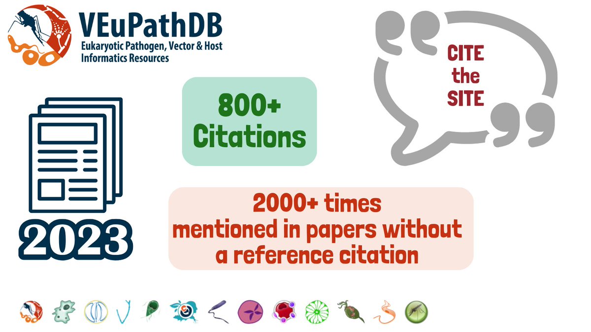 In 2023, VEuPathDB data platforms were cited in 800+ papers and mentioned in 2000+ papers. We are grateful for these metrics; however, they underestimate our usage. Please support us and cite our resources! veupathdb.org/veupathdb/app/…