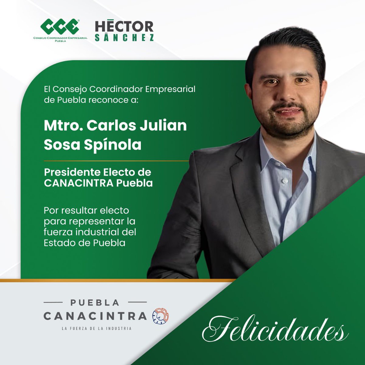CCEPuebla's tweet photo. Quienes formamos parte del CCE #Puebla, extendemos nuestra felicitación a @SoyCarlosSosaMx por resultar Presidente Electo de @canacintrap.

Sin duda, el sector industrial de Puebla continuará un liderazgo joven e innovador.

¡Felicidades! 👏🏻 https://t.co/kLGjb8iY29